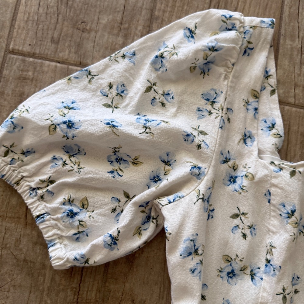 Old Navy Floral Puff Sleeve Button Up Mini Dress White Blue Square Neck Smocked - Picture 12 of 12